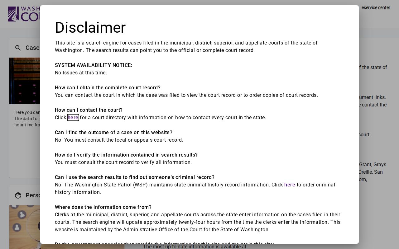 Washington Courts statewide case search used for a Renton resident lookup