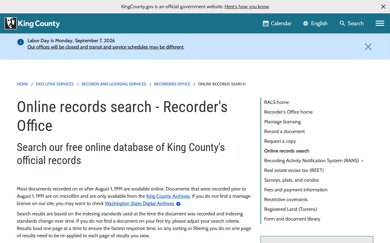 King County Recorder search guidance for the Renton residents directory