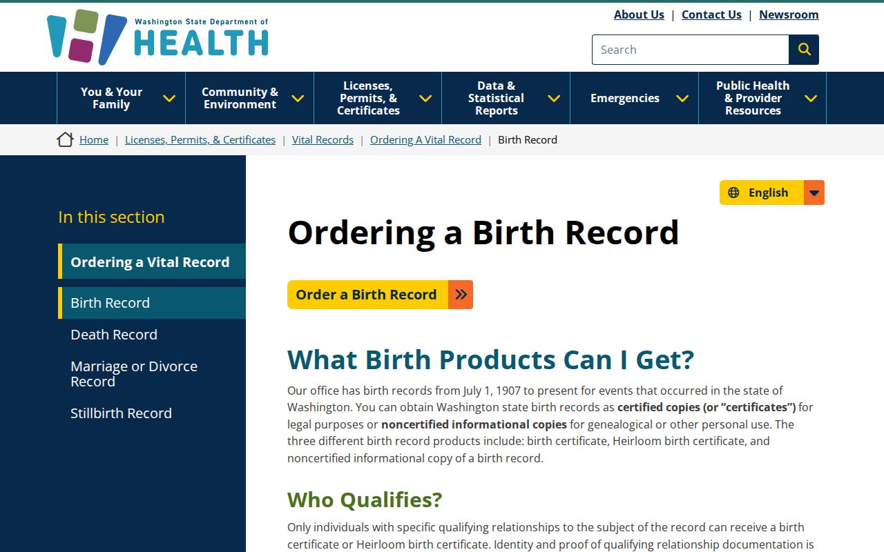 Washington Department of Health birth record order information for Renton searches